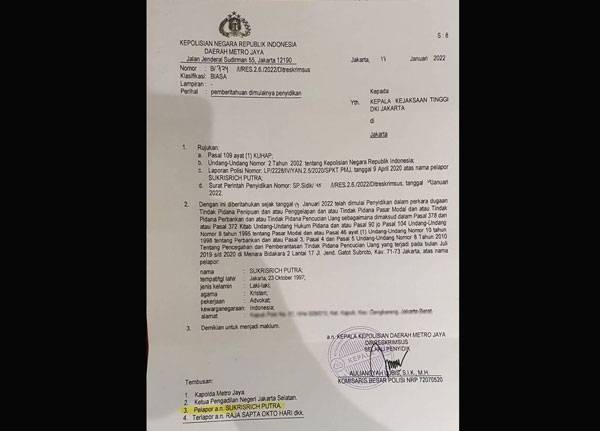 Laporan Polisi Dugaan Pidana Penipuan Terhadap Terlapor Raja Sapta Oktohari Naik Kepenyidikan