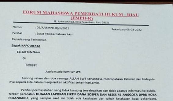 Mahasiswa Minta Kejari Transparan Terkait Pemeriksaan Dana Sosper dan Reses 45 Anggota Dewan yang Diduga Fiktif