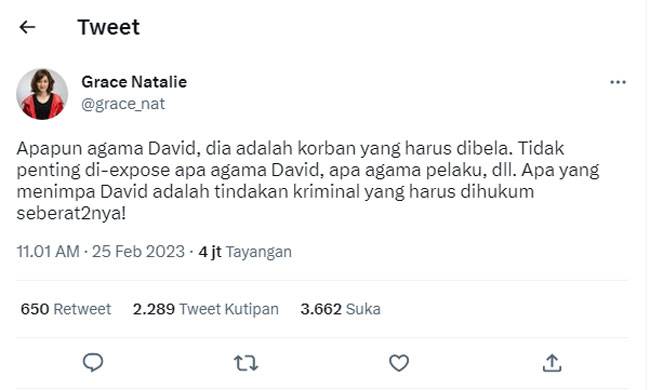Buat Status Agama David, Grace Natalie PSI Dibully Warganet
