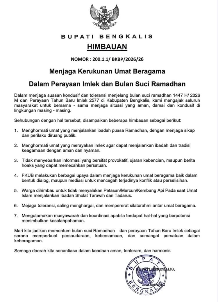 Bupati Bengkalis Keluarkan Imbauan Kerukunan Umat Beragama Jelang Ramadhan