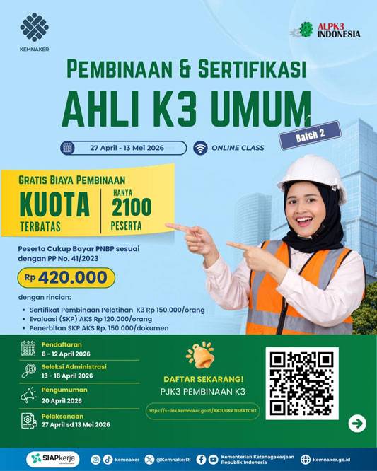 Kemnaker Buka Pembinaan K3 Gratis untuk 2.100 Peserta