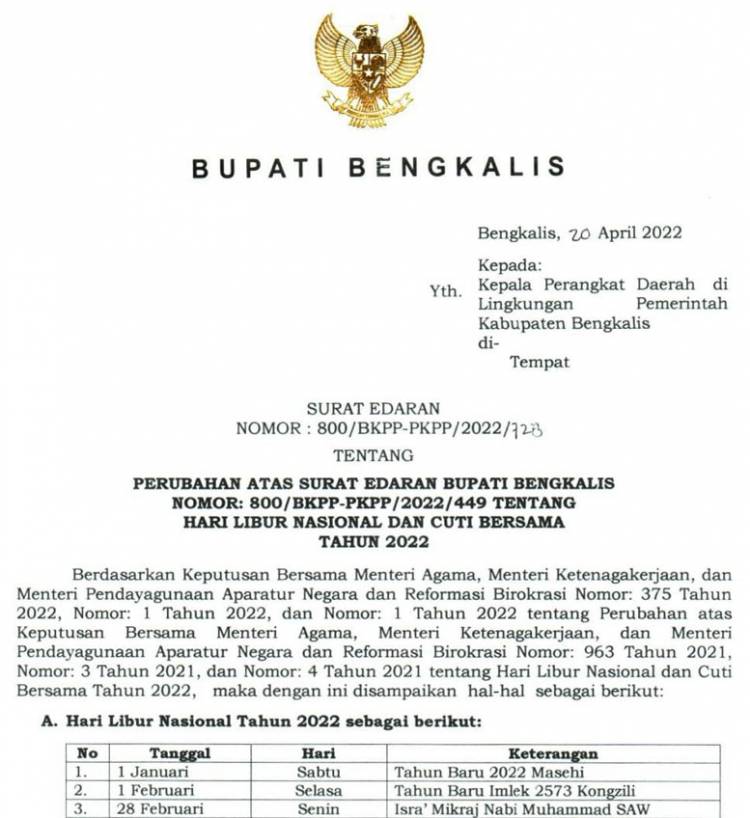 Bupati Bengkalis Keluarkan Surat Edaran Cuti Bersama, 9 Mei Masuk Kerja