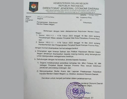 Firdaus Pj Bupati Kampar Gantikan Kamsol, Pj Walikota Pekanbaru Muflihun Diperpanjang