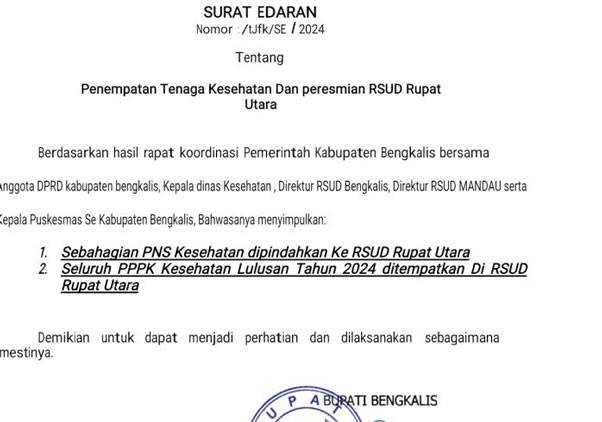 Surat Edaran Penempatan Nakes dan Peresmian RSUD Rupat Utara Tenyata Hoaks