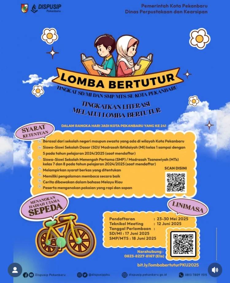 Dispusip Pekanbaru Gelar Lomba Bertutur Tingkat SD/SMP/Sederajat, Ini Syaratnya
