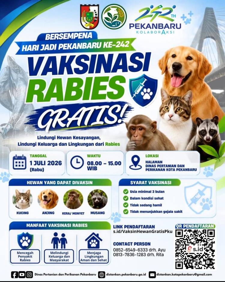 Pemko Pekanbaru Gelar Vaksinasi Rabies Gratis 1 Juli Mendatang, Cek Jadwal dan Lokasinya!