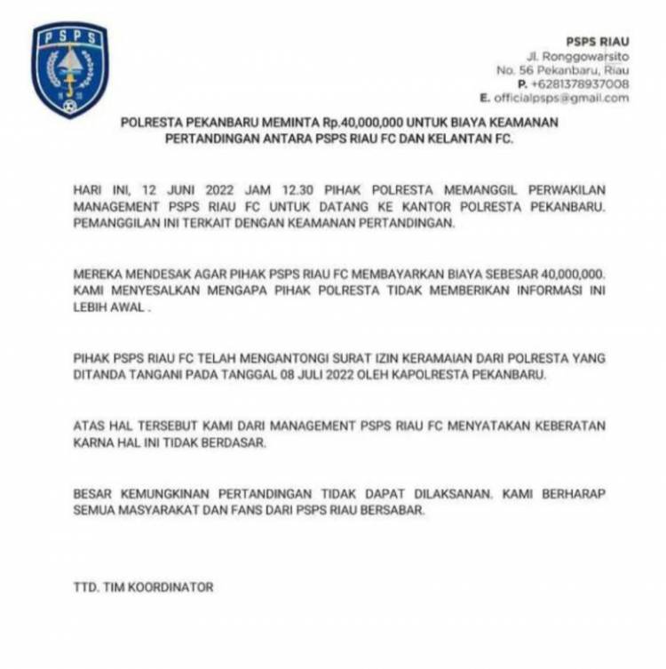Gara-gara Diminta Uang Keamanan Rp40 Juta, Panitia Keberatan, Laga PSPS Riau vs Kelantan FC Malaysia Batal Digelar