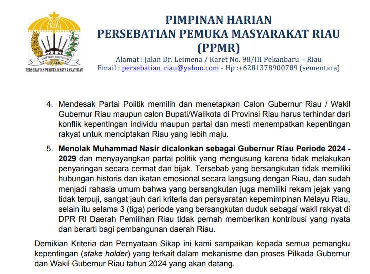 PPMR Tolak M. Nasir Sebagai Cagub Riau