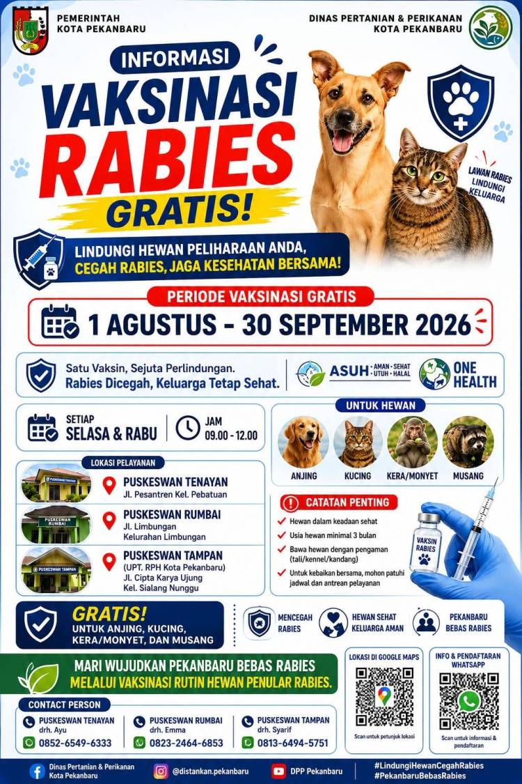 Distankan Pekanbaru Buka Vaksinasi Rabies Gratis Hingga 30 September Mendatang