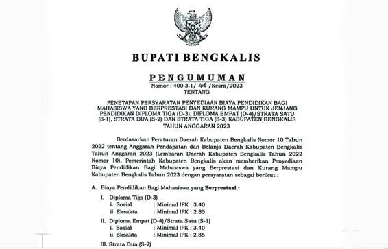 Pemkab Bengkalis Umumkan Syarat Beasiswa Bagi Mahasiswa Berprestasi dan Kurang Mampu
