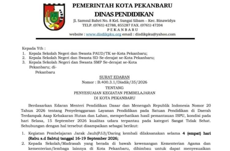 Udara Pekanbaru Masih Sangat Tidak Sehat, Siswa PJJ Lagi