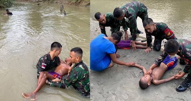 Aksi Heroik Satgas Pamtas Yonif 711/Rks, Selamatkan 2 orang Anak Papua yang Tenggelam di Sungai