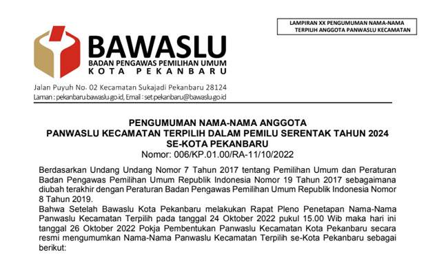 Ini Nama-nama Panwascam Pemilu Serentak 2024 Se-Kota Pekanbaru