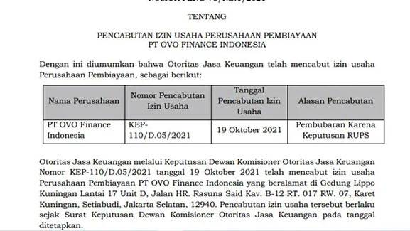 OJK Cabut Izin Usaha OVO Finance Indonesia