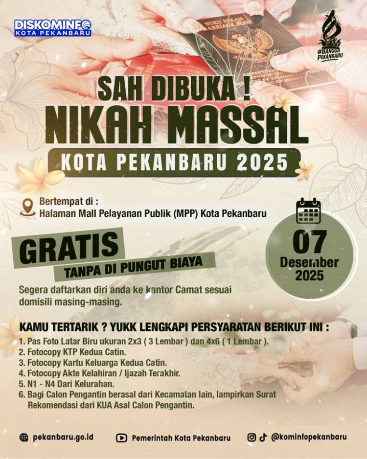 43 Calon Pasutri Sudah Didaftar untuk Nikah Massal Gratis Pemko Pekanbaru