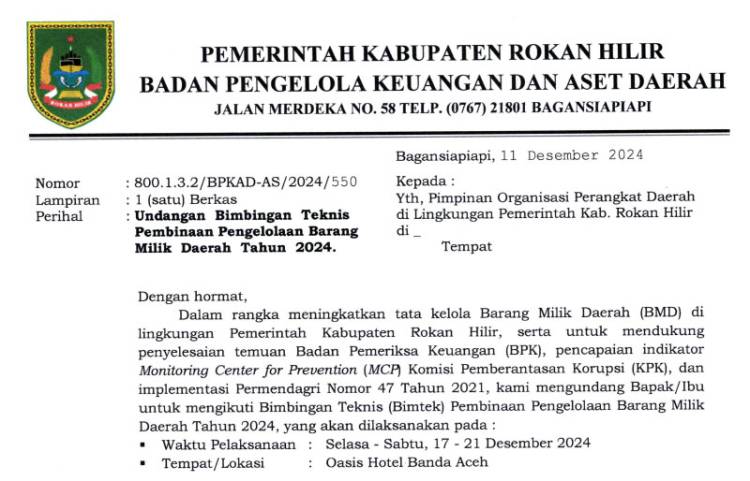 Bayar TPP Mandek, BPKAD Rohil Agendakan Bimtek di Aceh