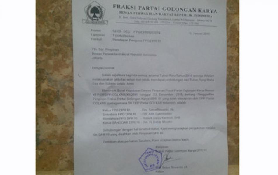 Isi Surat Setya Novanto Rombak Kepengurusan Fraksi Golkar