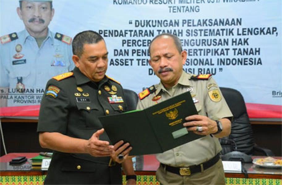 Korem 031/Wira Bima Dan BPN Provinsi Riau Laksanakan Penandatanganan MoU