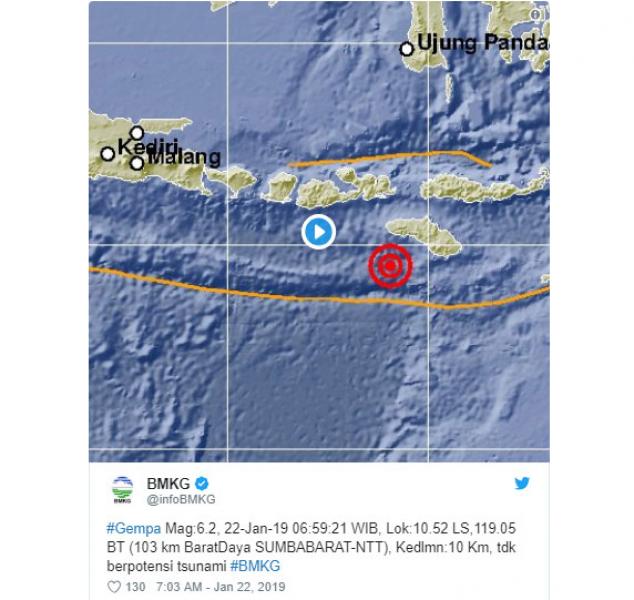 Gempa Bermagnitudo 6,2 Terjadi di Lautan Sumba Barat