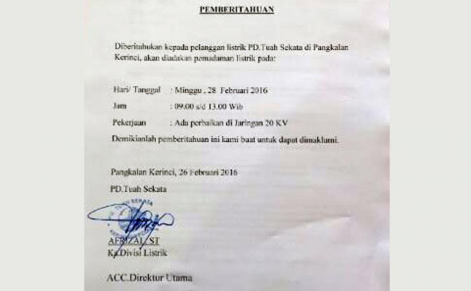 PD Tuah Sekata Umumkan Pemadaman selama 4 jam pada Minggu 28 Februari