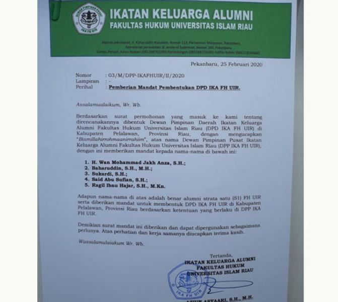 5 Alumni Diberi Mandat Bentuk DPD IKA FH UIR Kabupaten Pelalawan 