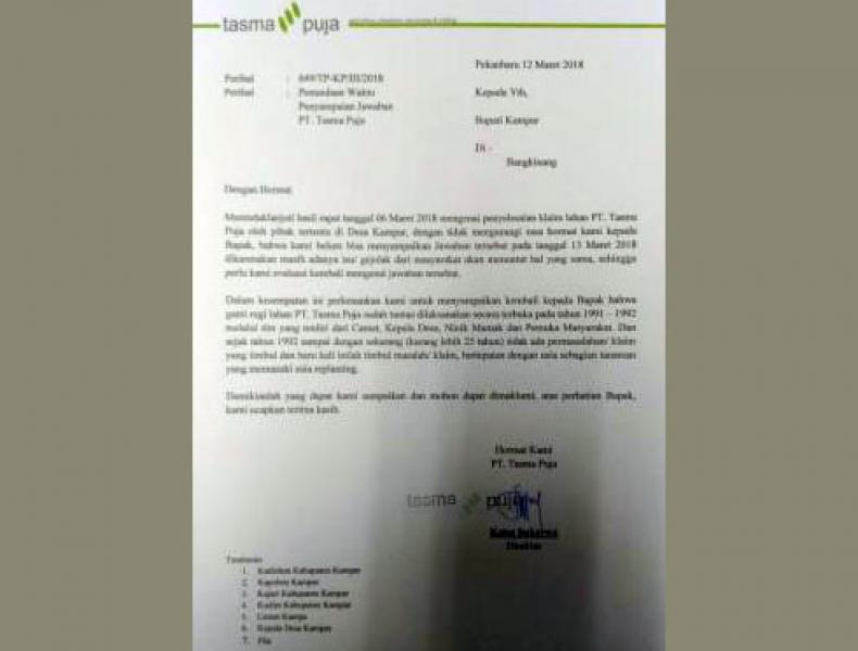 Kirim Surat ke Bupati Kampar, PT. Tasma Puja Tunda Kesepakatan ganti Rugi