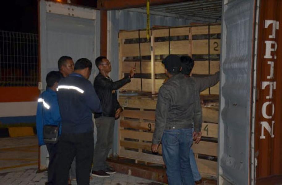 Petugas Saksikan Penyidik KLHK Buka Kontainer Diduga Berisi Kayu Eboni Ilegal 