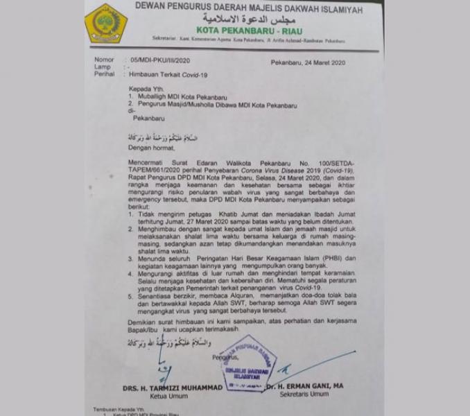 MDI Pekanbaru Keluarkan Surat Edaran Umat Islam Salat Berjamaah di Rumah