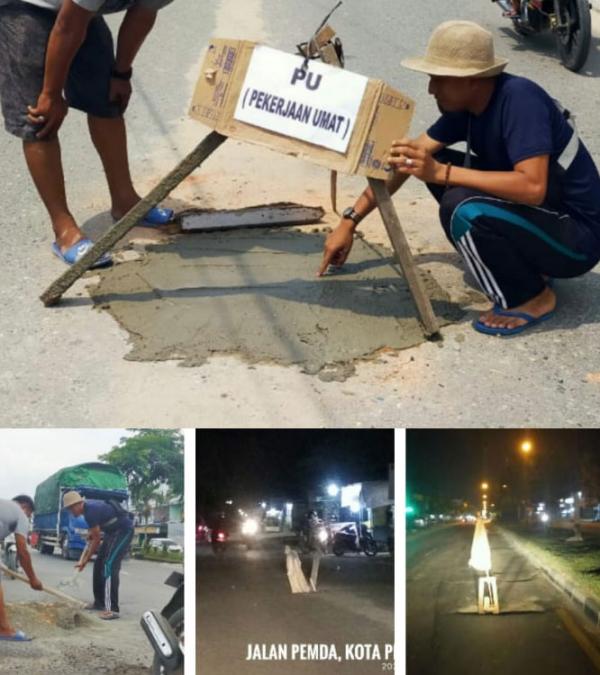 Tak Peka, PU versi Pekerjaan Umat Semen Jalan Berlobang di Pangkalan Kerinci