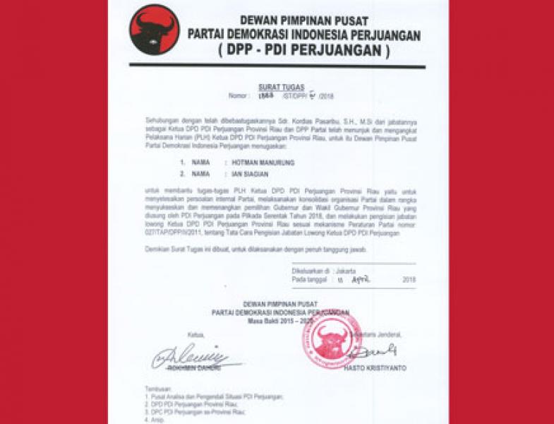 Sekretaris DPD PDIP Riau Benarkan Surat Tugas DPP