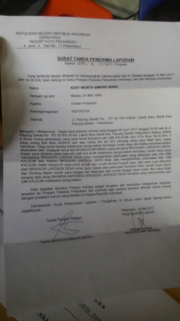 Diduga Biarkan Aksi Teror dan Pengrusakan, ‎Oknum Bhabinkamtibmas Pekanbaru Dilapor ke Propam Polda Riau