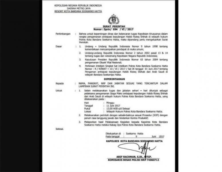 Mabes Polri Tegaskan Surat Pengawalan Kepulangan Habib Rizieq Hoax‎!