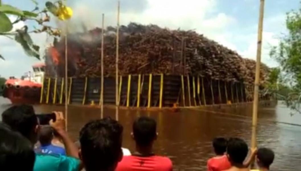 Kapal Tongkang Bermuatan Kayu Akasia Terbakar di Sungai Siak