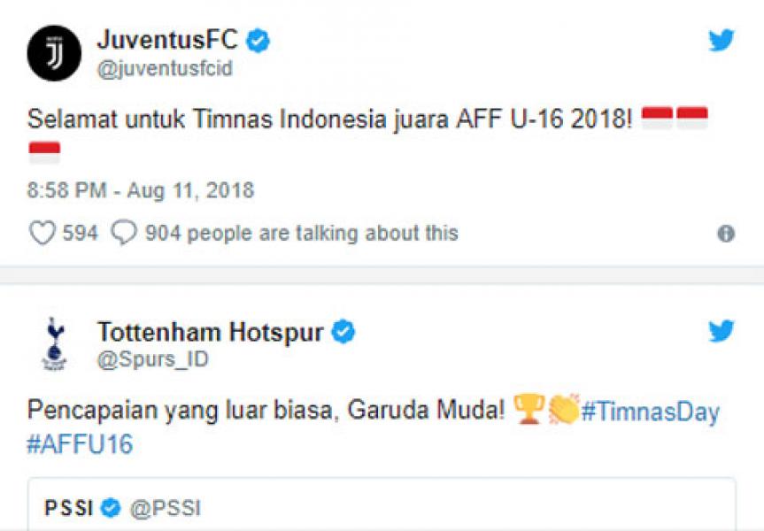 Timnas U-16 Juara Piala AFF, Juventus Beri Ucapan Selamat