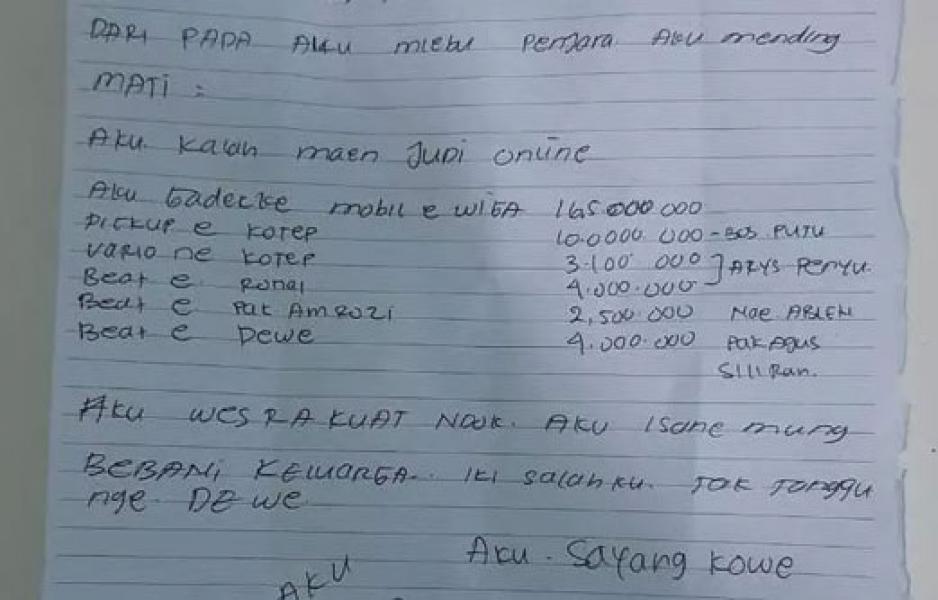 Begini Isi Surat Wasiat Warga Kulonprogo yang Gantung diri karena Kalah Judi Online