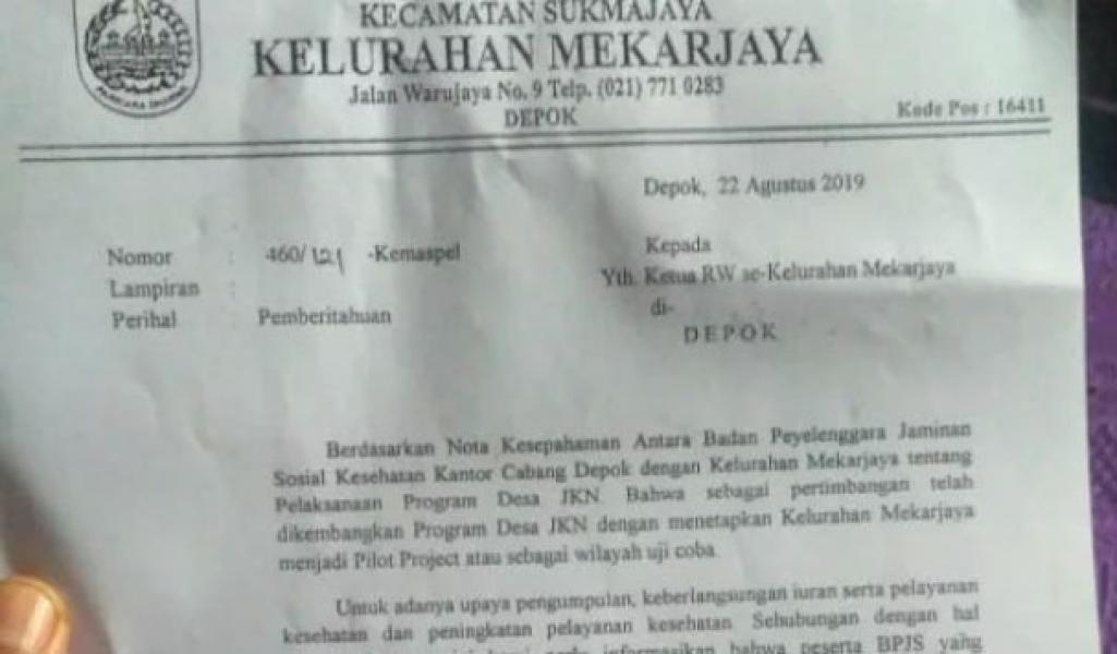 Beredar Surat Tunggakan BPJS Warga Mekarjaya Depok Sampai Rp9 Miliar