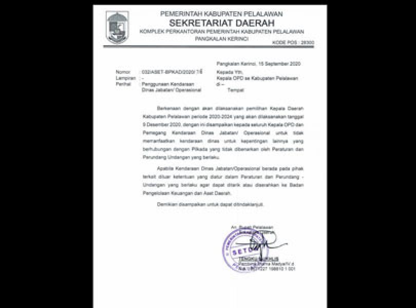 Pemkab Pelalawan Keluarkan Surat Larangan Penggunaan Kendaraan Dinas Untuk Pilkada