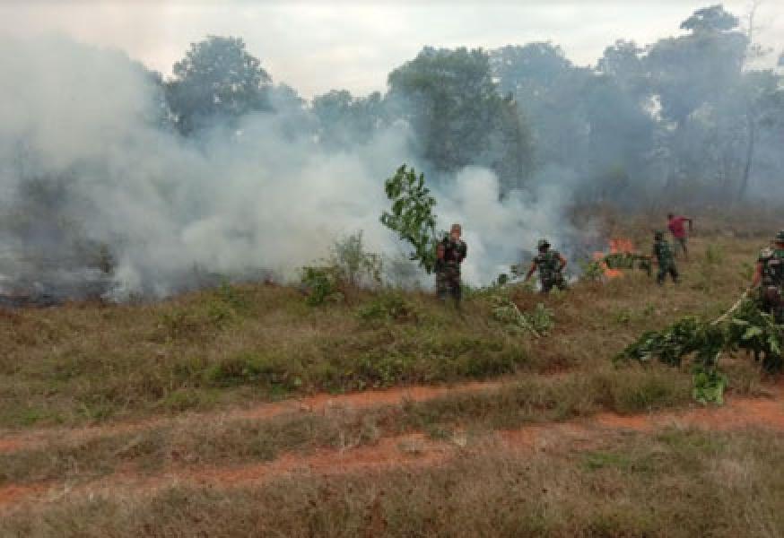 Prajurit Yonif 125/Simbisa bersama Petugas PLBN Sota dan Aparat Kepolisian Setempat Berjibaku Padamkan Kebakaran Lahan