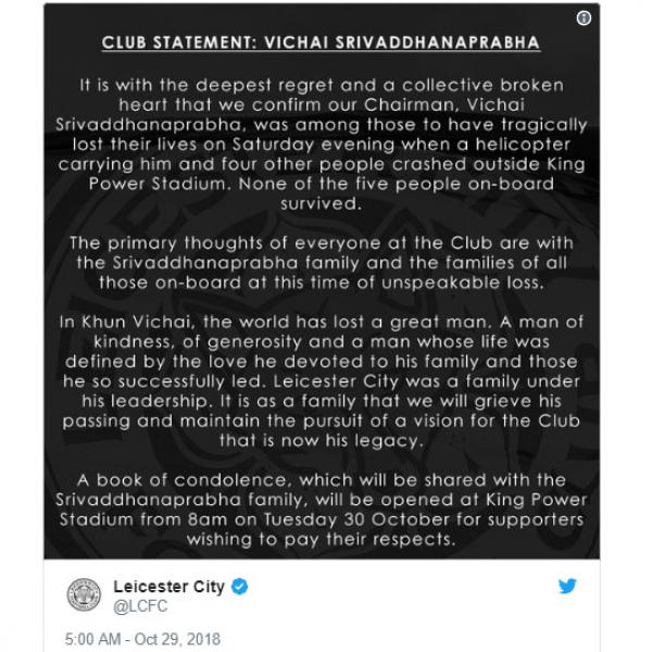 Leicester Konfirmasi Vichai Srivaddhanaprabha Meninggal Dunia