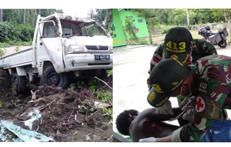 Prajurit Satgas Yonif MR 413 Kostrad Bantu Korban Mobil Jatuh Ke Parit Akibat Ban Pecah