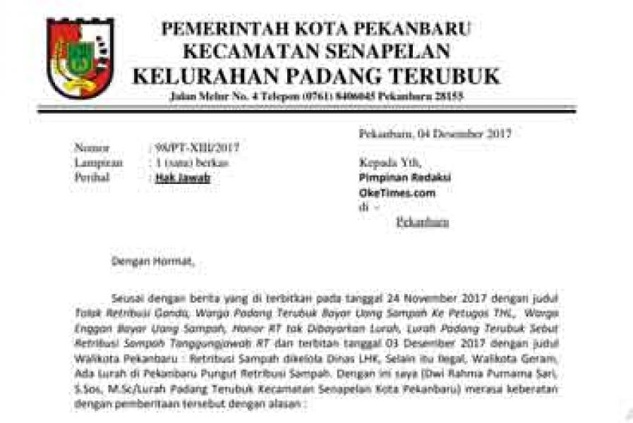 Soal Pemberitaan Retribusi Sampah, Lurah Padang Terubuk Kirim Hak Jawab
