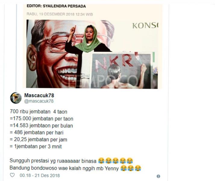 Yenny Klaim Jokowi Bangun 700 Ribu Jembatan, Netizen : Berarti 1 Jembatan 3 Menit