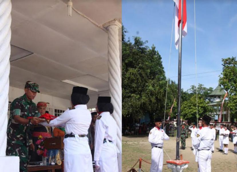 Satgas Yonif RK 136/TS Peringati 70 Tahun Pengibaran Bendera Merah Putih Pertama di Leihitu