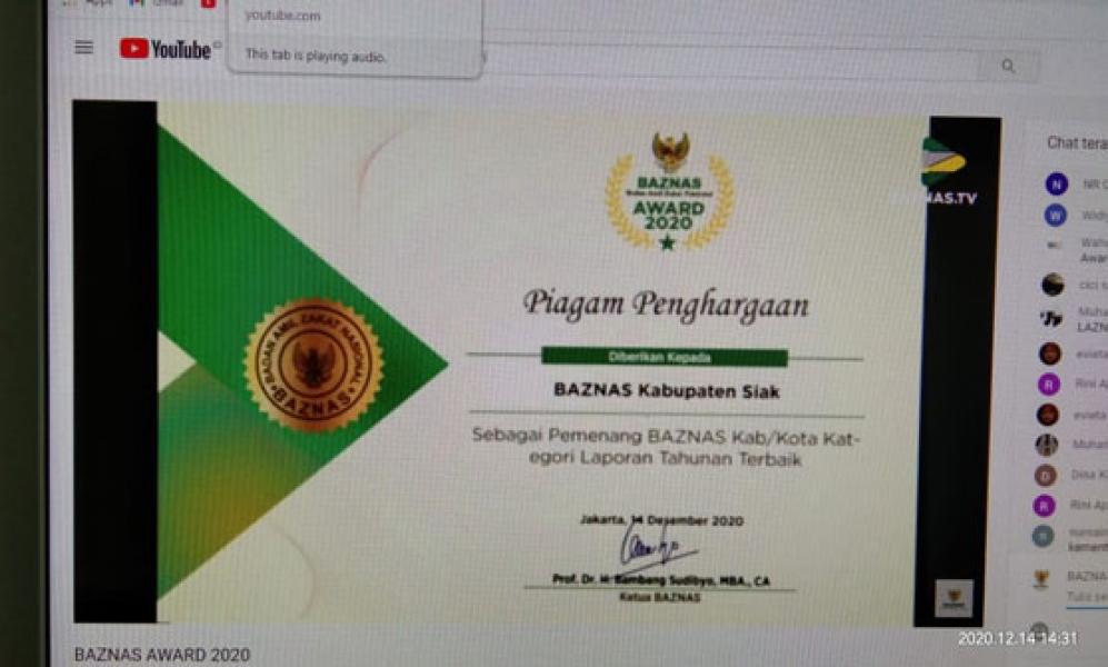 BAZNAS Siak Kembali Raih Anugrah Award 2020 Kategori Laporan Tahunan Terbaik